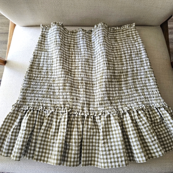 Veronica Beard Aloya Smocked Seersucker Ruffle Skirt Olive White Sz XL NWT
